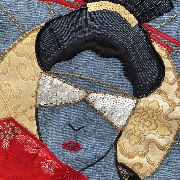 CHICO'S Design Womens Size 2 Embellished Geisha Beaded Embroidered Denim Jacket - Picture 3 of 14